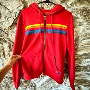Aviator Nation - 5 STRIPE RELAXED ZIP HOODIE - RED // NEON RAINBOW - S